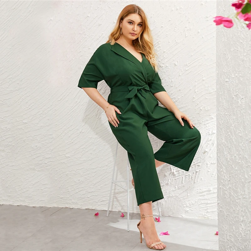 Sheinside Plus Size Green V Neck Wide Leg Jumpsuit Women Summer Zip Back Jumpsuits Office Ladies Solid Half Sleeve Jumpsuit
