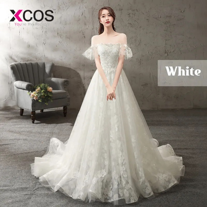 XCOS реальные фотографии цвета шампанского белое кружевное свадебное платье