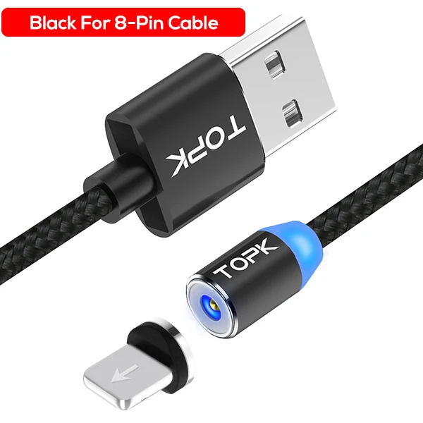 8-Pin Cable Black TOPK AM23 светодиодный магнитный Micro USB кабель USB C кабель для samsung Xiaomi huawei Android кабели для мобильных телефонов для iPhone X Xs Max - Цвет: 8-Pin Cable Black
