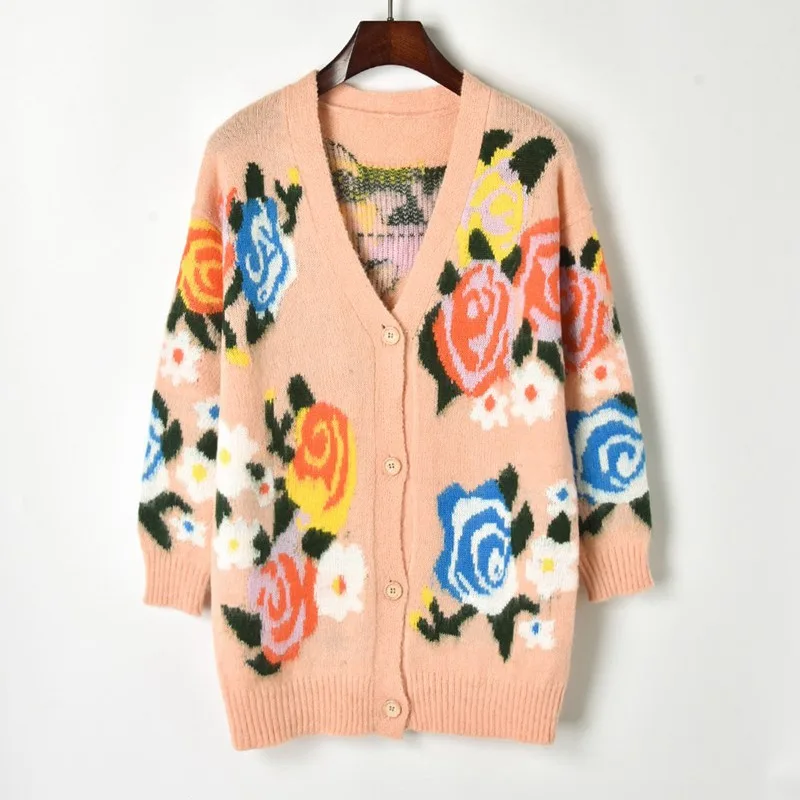 Oversized Runway Cardigan Big Flower Jacquard Mohair Warm Long Coat Overcoat 2018 Winter Knit Sweater Jumper Pull Femme |