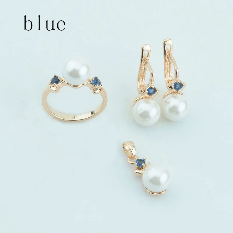 blue No chain FJ 2 цвета, женские модные синие/белые кубические циркониевые комплекты из бисера, ювелирные изделия, 585 золотой цвет, розовая Подвеска+ серьги+ кольца, набор - Окраска металла: blue No chain