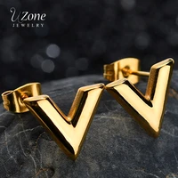 uzone stainless steel fashion charm letter v earring for women triangle cute stud earrings trendy jewelry party gift