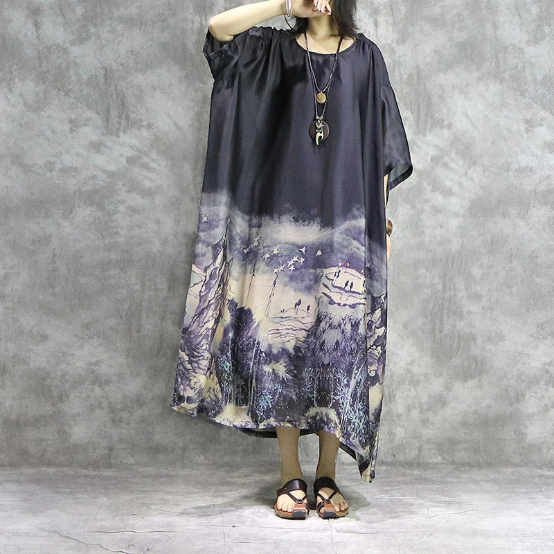 Женское платье с рукавом летучая мышь Johnature повседневное шелковое круглым