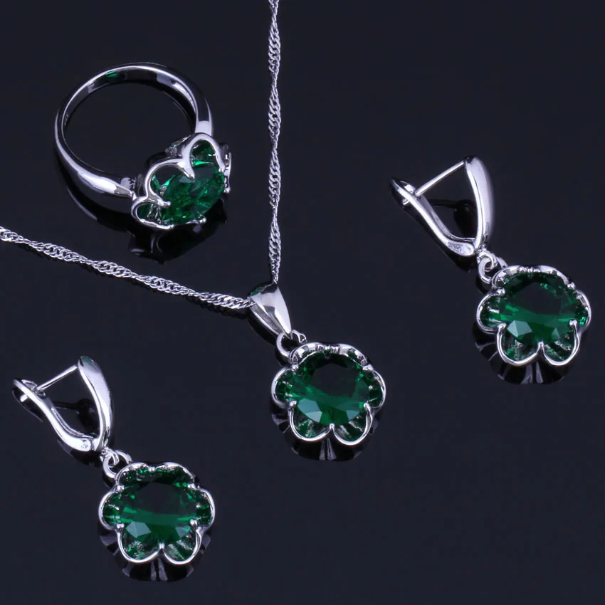 Enchanting Round Green Cubic Zirconia Silver Plated Jewelry Sets Earrings Pendant Chain Ring V0980 | Украшения и аксессуары