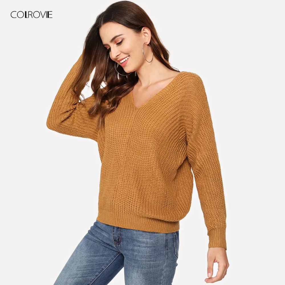 COLROVIE, розовый, крест-накрест, v-образный вырез, массивный, вязаный, Повседневный, женский свитер,, осень, однотонный, хаки, свитер, серый, пуловеры, джемпер