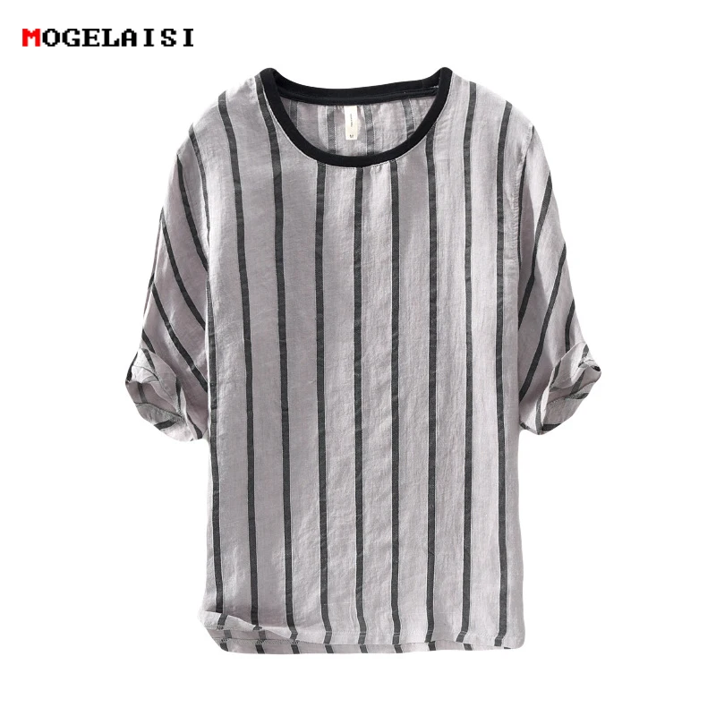Брендовые льняные футболки мужские топы в полоску с коротким рукавом и круглым