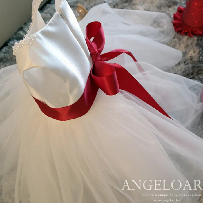 New Flower Girls Dresses Children Sleeveless Beading Tulle Party Wedding Dress with Red Ribbon Formal Princess | Детская одежда и