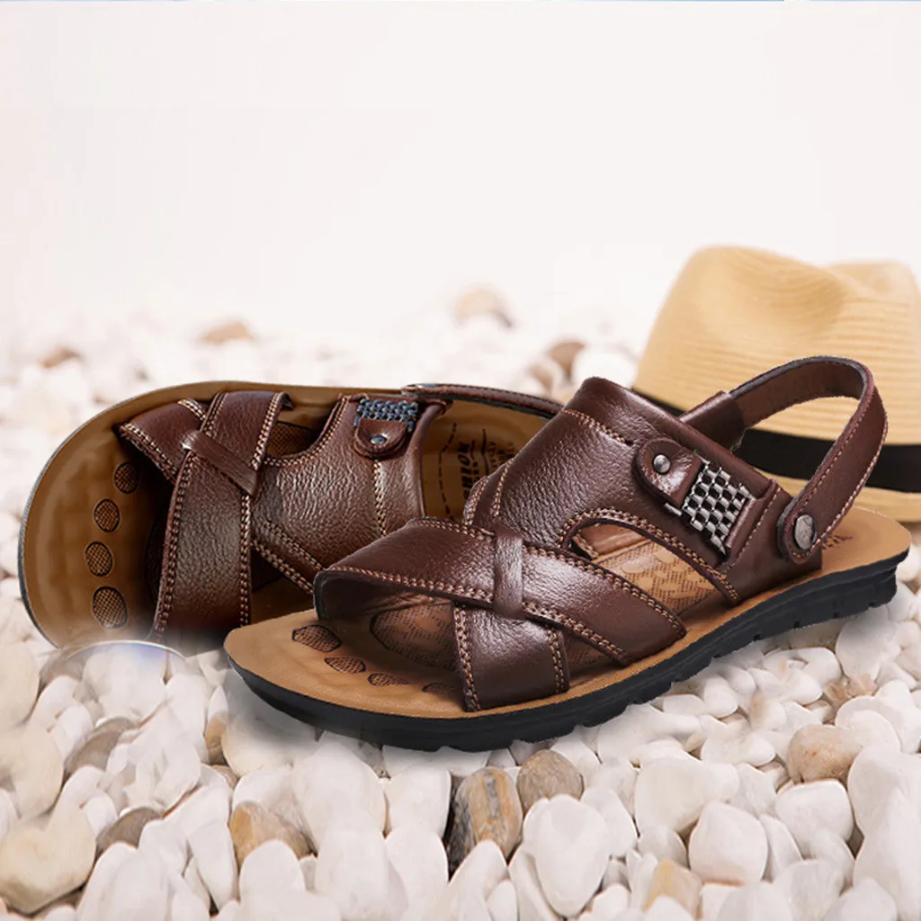 Популярные Классические мужские сандалии летние дышащие кожаные мягкие пляжные