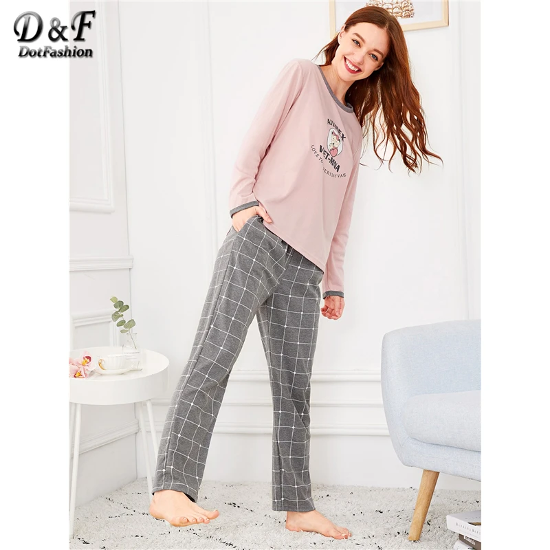 Dotfashion, мультяшный медвежонок, с буквенным принтом, клетчатый пижамный комплект для женщин, осень, одежда, повседневная, с длинным рукавом, ночная одежда для женщин, весенняя, домашняя одежда