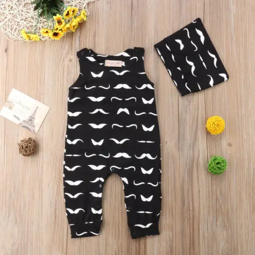 Infant Baby Boys Girls Clothes Romper Jumpsuit Playsuit Mustache Printed Cute Cotton Outfits Hat 2pcs 0-24M | Детская одежда и