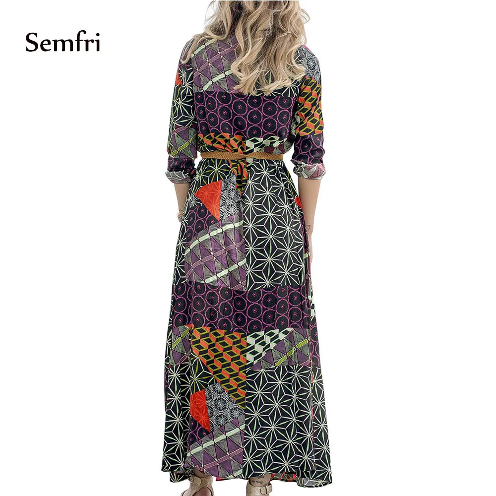 Semfri Sexy Loose dress Maxi Dress Party Boho Print Belted Shirt Vestidos De Fiesta Noche | Женская одежда