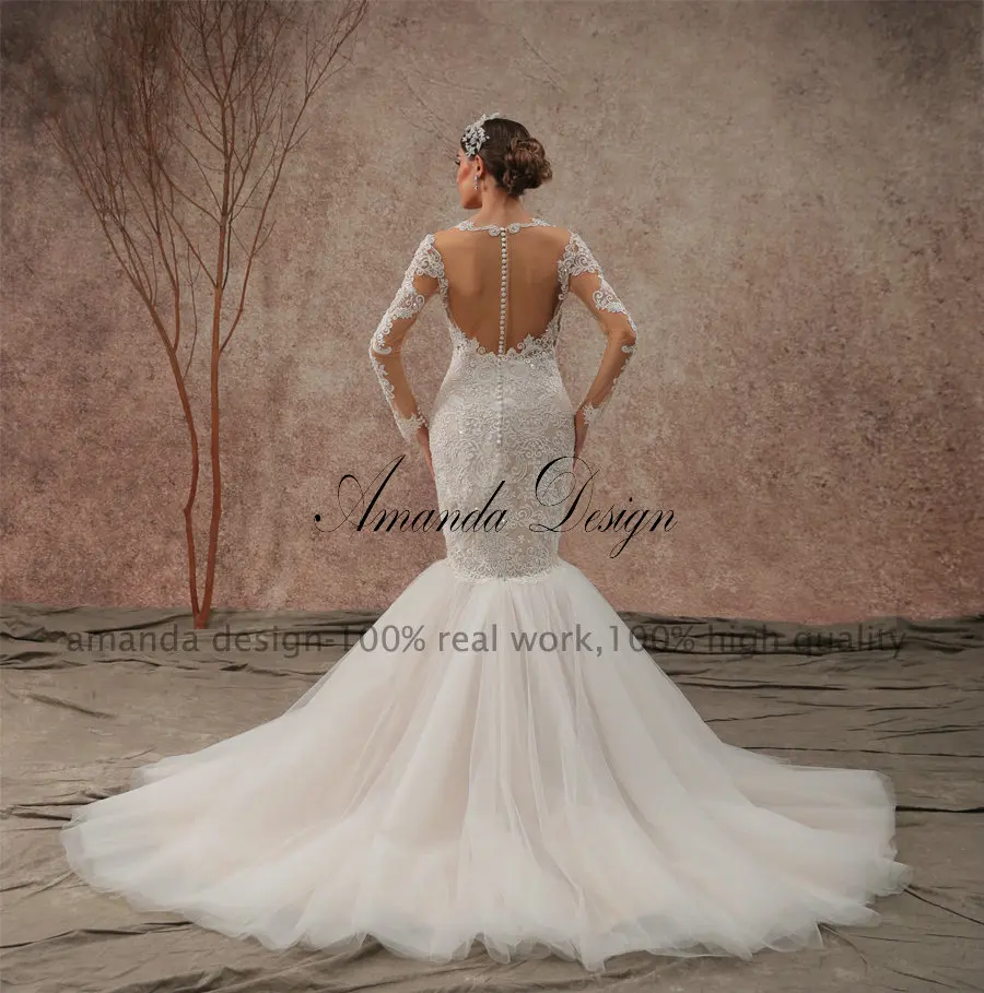 Аманда дизайн vestido de noiva длинный рукав кружево; аппликация; Русалка Винтаж свадебное платье