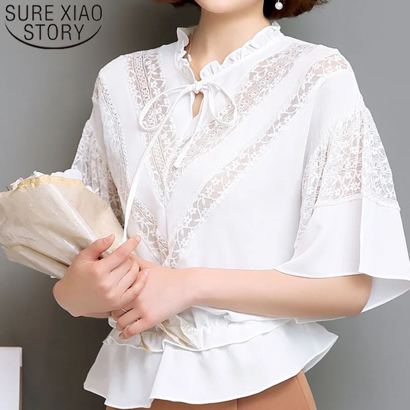 

Women Blouses And Tops 2021 White Blouse Shirts Plus Size Tops Chiffon Blouse Bow Lace O-Neck Shirts Ladies Tops 3406 50