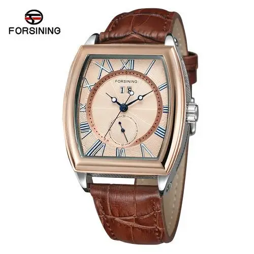Forsining Top Brand Men's New Design Tonneau Shape Trendy Automatic Selfw-winding Popular Watch With Genuine Leather Band Clock - Цвет: Brown Gold