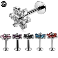 fashion 1pc g23 titanium flower labret lip bar rings 16g prong zircon ear cartilage tragus helix piercing earring girls jewelry