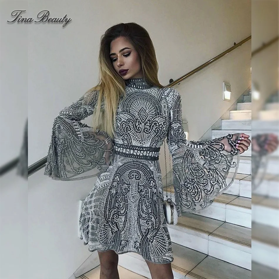 Женское платье с блестками Tina Beauty блестящее кружевное Сетчатое водолазка