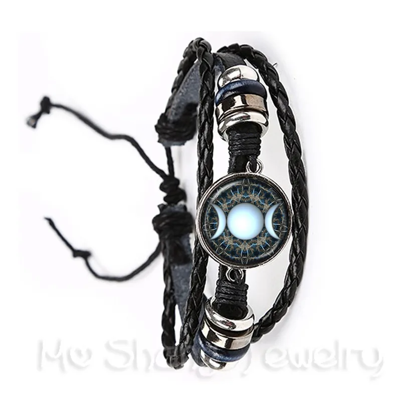 

Triple Moon Goddess Bracelet Wiccan Jewelry Blue Triple Moon Goddess Black/Brown Leather Bangle Charms Pentagram Best Gift