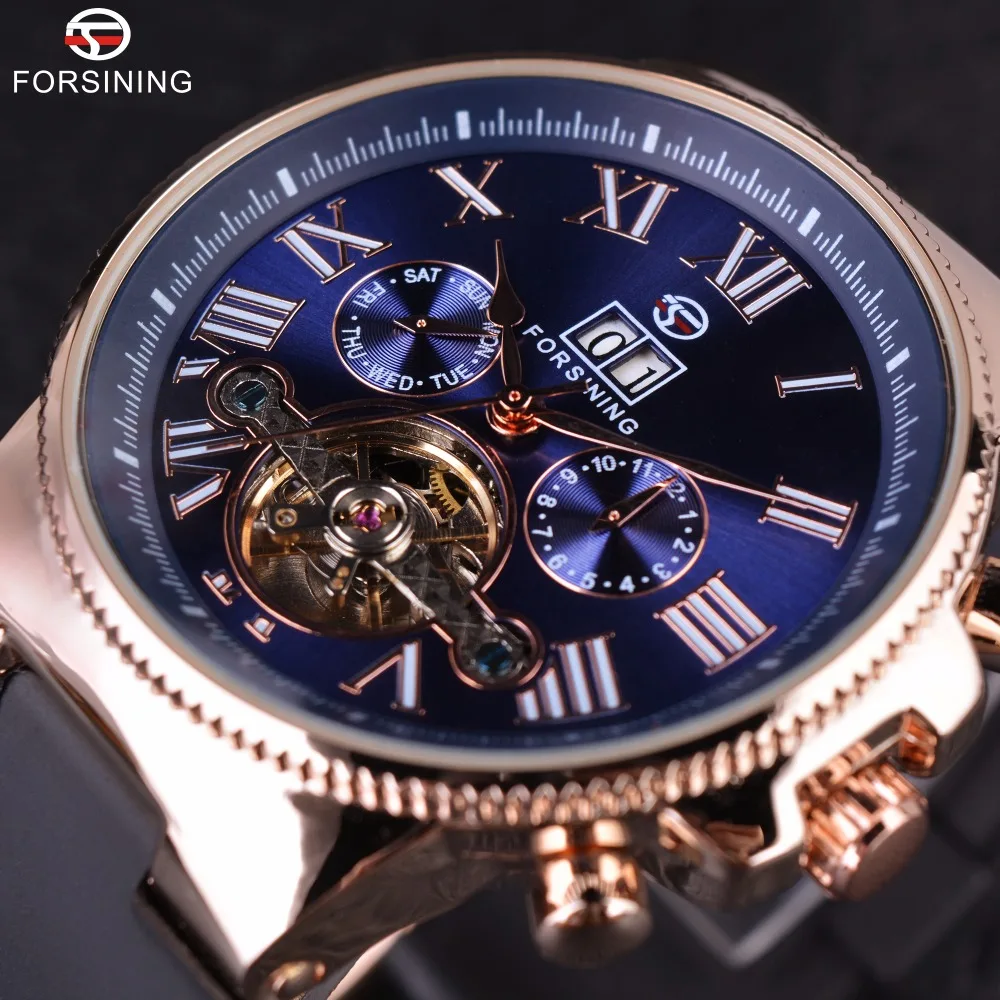 Forsining розовое золото ободок Tourbillion дизайнерские высокое качество пвх ремешок