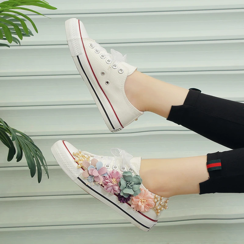 2019 fashion appliques flowers casual shoes ladies flats canvas woman sneakers white black walking MS-108 | Обувь