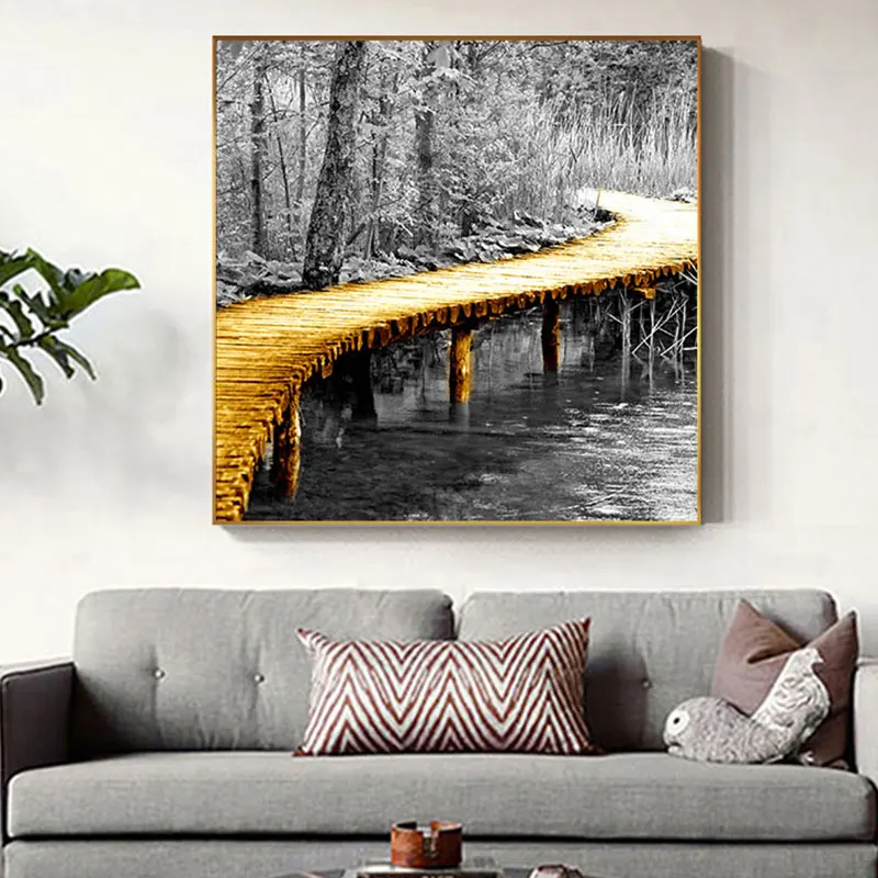 Абстрактный Золотой Желтый мост холст промышленный плакат и принт для гостиной