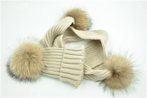 Beige natural fur Детские трикотажные лыжные шапочки и шарфы, зимняя шапка с помпоном из натурального меха, шарф, комплект для детей, Толстая теплая натуральная шапка с меховым помпоном - Цвет: Beige natural fur