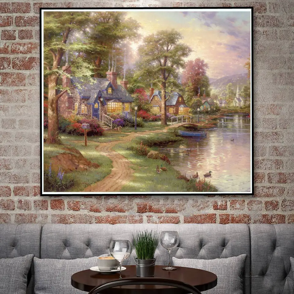 Thomas Kinkade дача горы водопад, мост Шелковый плакат картина маслом для домашнего декора 14x16 20x23 26x30 32x37 дюймов без рамы