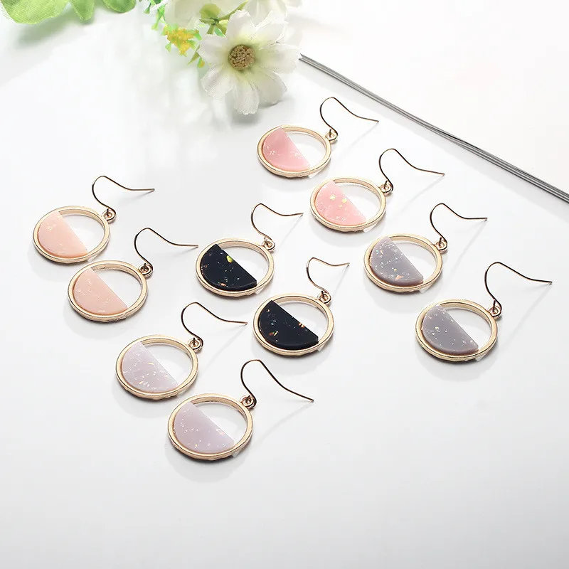 Simple hollow half round stone drop earring gold color dazzling acrylic foil dangle women girls jewelry accessories | Украшения и