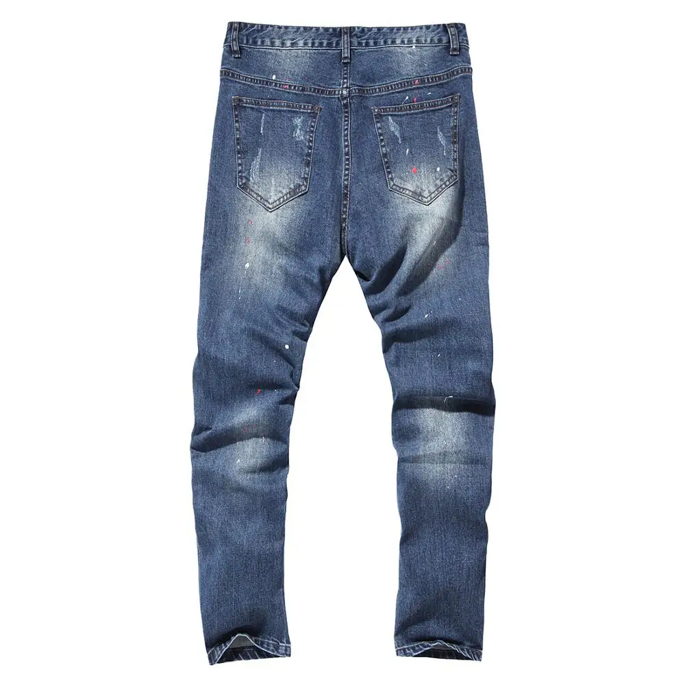 

Men Jeans Spring/Autumn Hole Cotton Denim Pants Multi Pockets Painted Tide Straight Type with Zipper Pocket