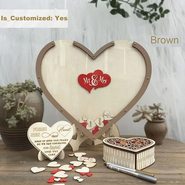 Custom Brown Сердца уникальные украшения для свадьбы деревенский Сладкий Свадебный Гостевая книга свадебные пожелания банк сердца drop box 3D Гостевая книга деревянная коробка - Цвет: Custom Brown