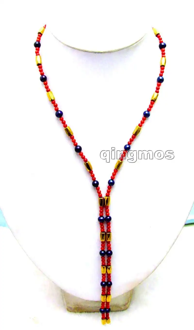 

SALE 3-4mm Red Coral and 6-7mm Black Pearl & Gold Hematite Magnetic 29'' Bracelet -nec6069 Wholesale/retail Free ship