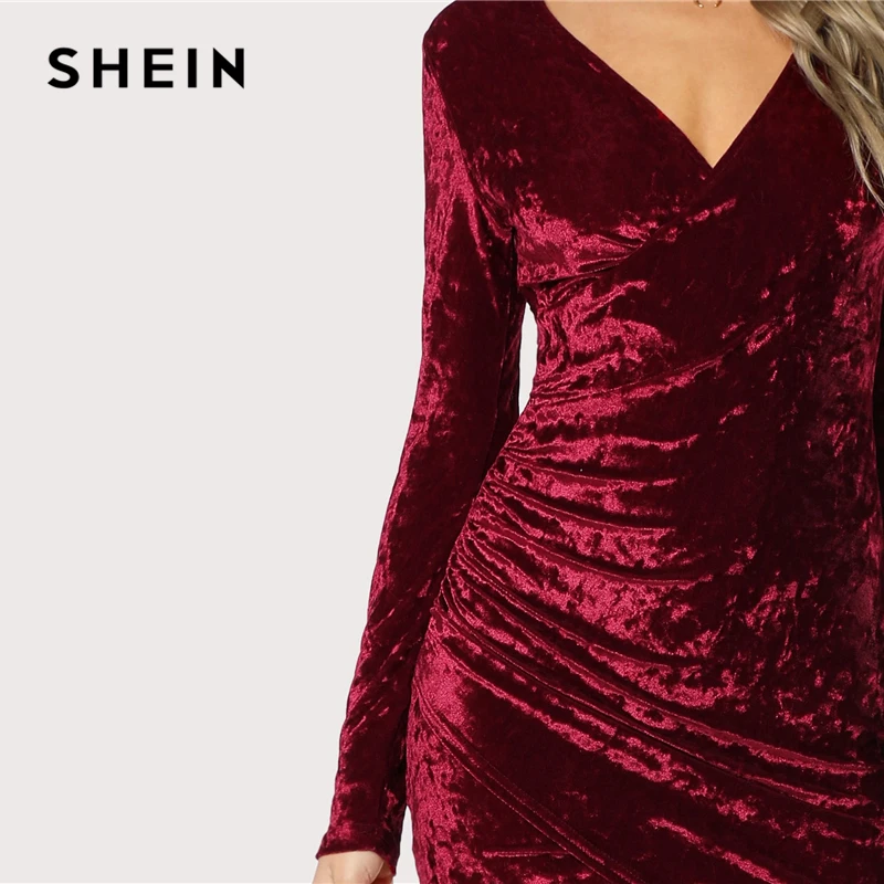 SHEIN бордовые вечерние, сексуальные, одноцветные, с рюшами, с нахлестом, из измельченного бархата, с длинным рукавом, платье карандаш, Осенние, Клубные, женские платья