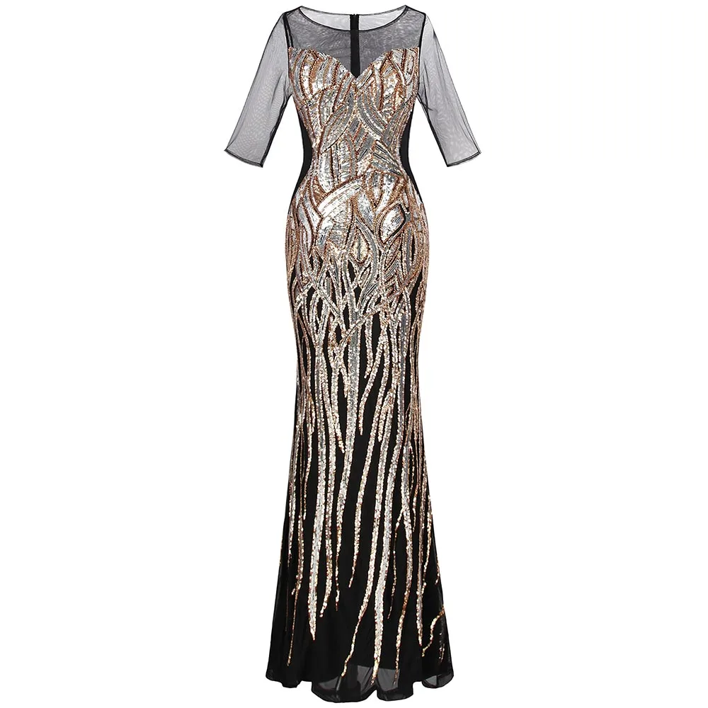 half sleeve 393 Angel-Fashion, женские вечерние платья, золотые, винтажные, с блестками, Русалка, бальное платье, вечерние платья, 377, модель 393 - Цвет: half sleeve 393