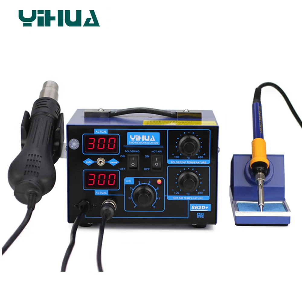3 функции в 1 паяльная станция 650 Вт SMD горячий воздушный пистолет+ 75 Вт паяльники+ 600 Вт станция предварительного нагрева YIHAUA 862D+ и 853A