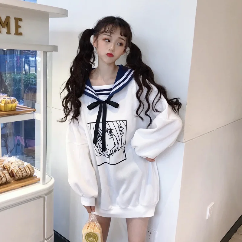 Женские зимние теплые толстовки Harajuku с мультипликационным принтом Kawaii пуловеры