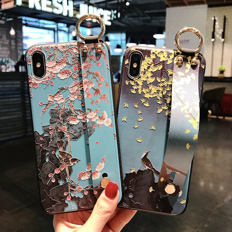 Kuutti Squishy Vintage Chinese Painting 3D Flower Women Girl Phone Cases with Wrist Band Covers for iPhone 6 6s 7 8 Plus X |