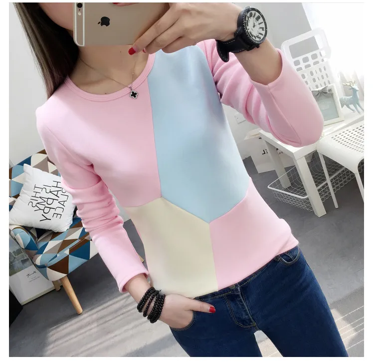 pink apricot Осень-зима Для женщин футболка в Корейском стиле женские Топы Kawaii Сгущает Теплый дна рубашки Vetements Повседневное велюровый спортивный костюм - Цвет: pink apricot