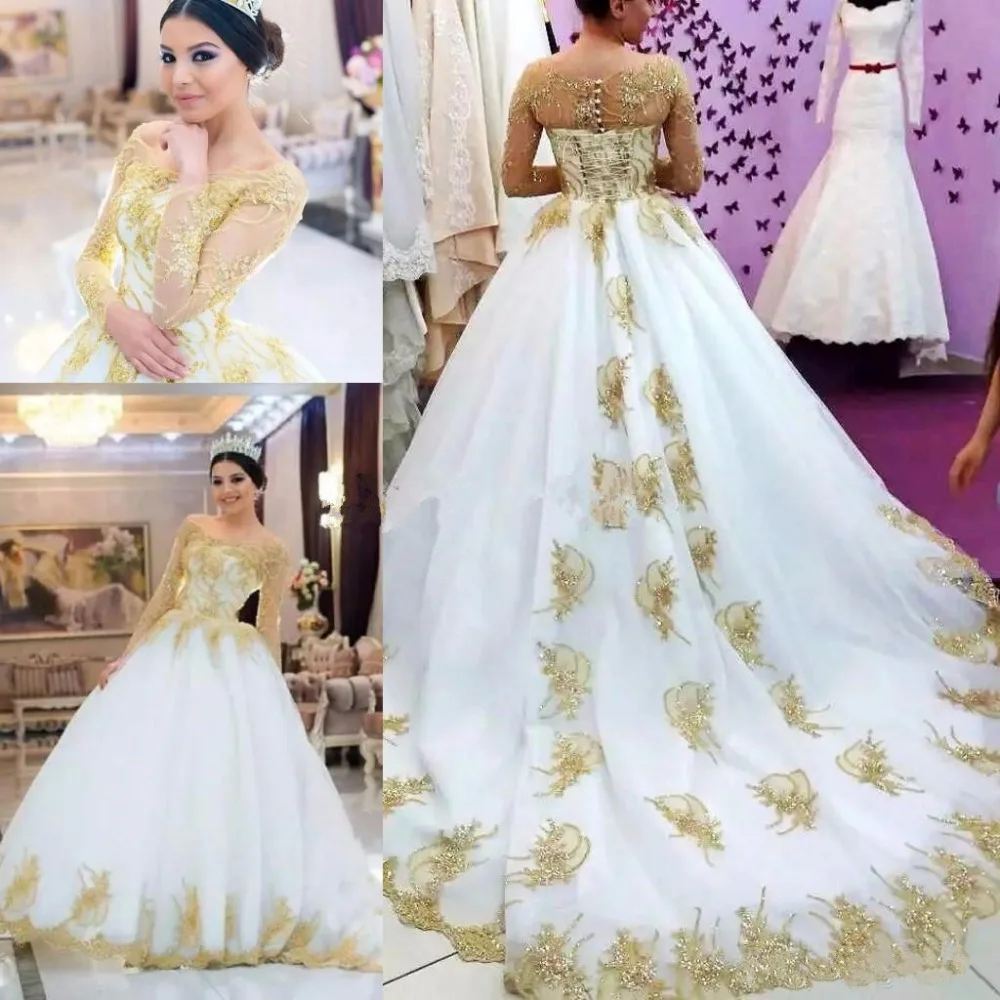 

Luxury Shiny Gold Long Sleeve Wedding Dresses 2020 Modest Bateau Indian Kaftan Caftan Dubai Church Garden Castle Wedding gown