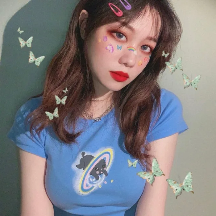 Милые kawaii Мультфильм космический кошмар кошка детские синие укороченные футболки женские короткие укороченные