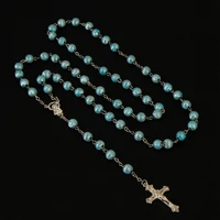 catholic blue crystal bead catholic rosary necklace womens center maxi chain necklace religious shrine