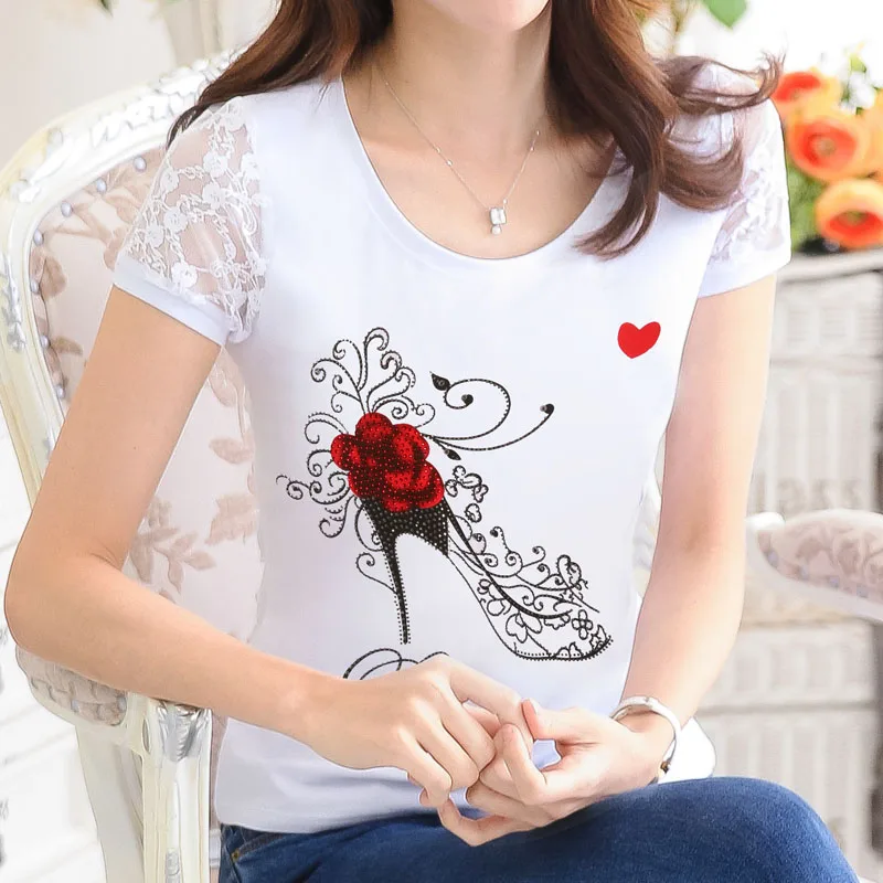 Женская Кружевная футболка с коротким рукавом Camisetas Mujer летняя принтом