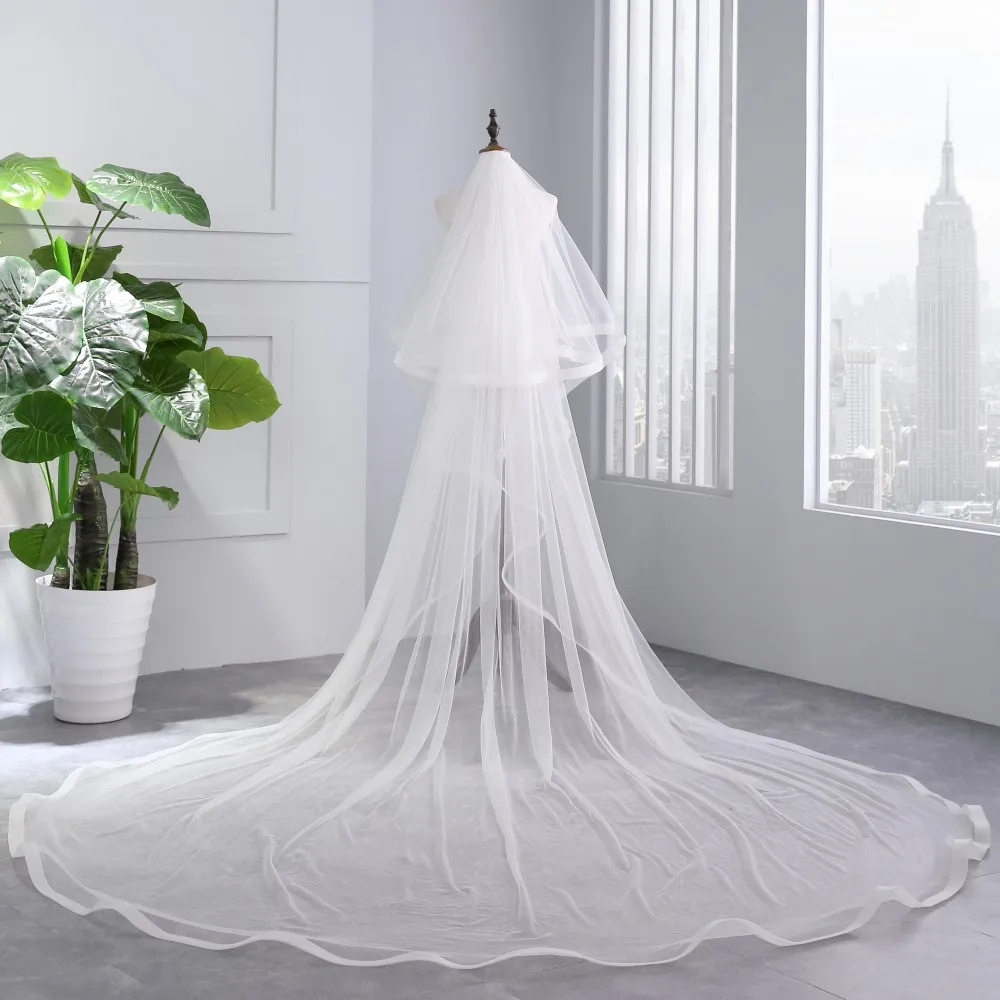 2018 White Ivory Cathedral Wedding Veils Long Ribbon Edge Bridal Veil with Comb Accessories Bride Mantilla | Свадьбы и торжества