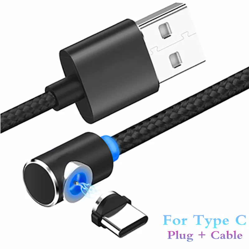 For Type C Black Светодиодный кабель Micro USB на магните для iphone, зарядное устройство, 90 градусов, 2 А, быстрая зарядка, Usb кабель type C для мобильных телефонов Android - Тип штекера: For Type C Black