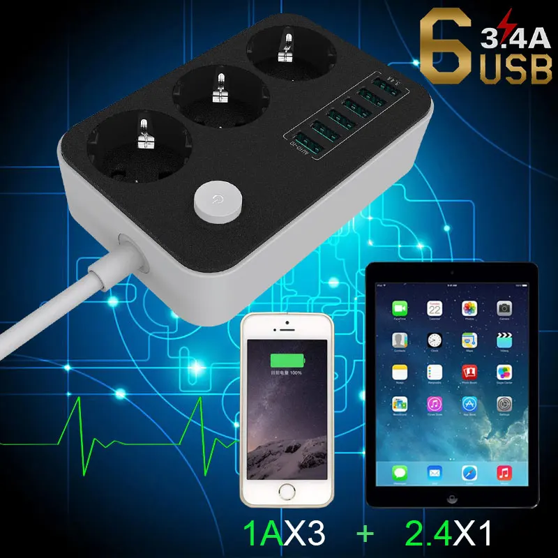 Удлинитель электрический на 3 розетки с 6 USB портами для быстрой зарядки 1 5 м|power