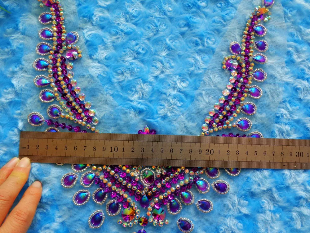 

ZBROH Handmade purple /clear AB colour crystal patches sew on Rhinestones applique with stones sequins beads 34*25cm