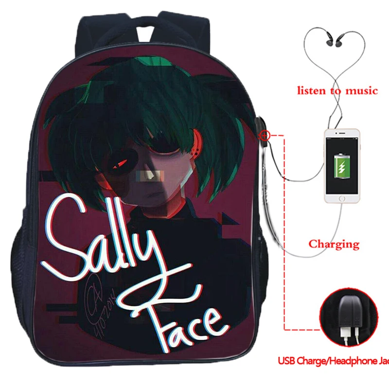 Sally Face USB зарядка школьные сумки подростковый рюкзак для ноутбука Хип-Хоп сумка повседневные дорожные сумки 16 дюймов Mochila
