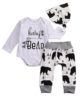 3 шт. Детские boysclothes медведь с надписью Длинные рукава romepr+ Штаны+ шапка костюм из 3 предметов Новорожденные комплект одежды для мальчика