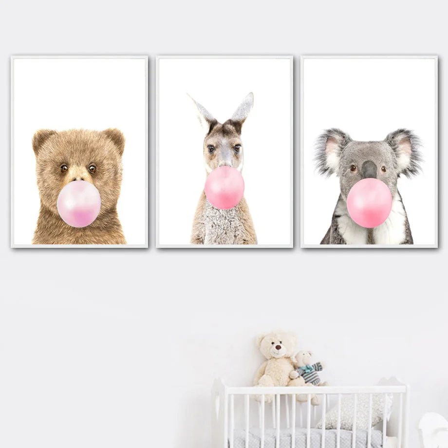 Koala kangaroo Panda Bear Blowing Bubbles Wall Art Canvas Painting Nordic Posters And Prints Pictures Baby Kids Room Decor | Дом и сад
