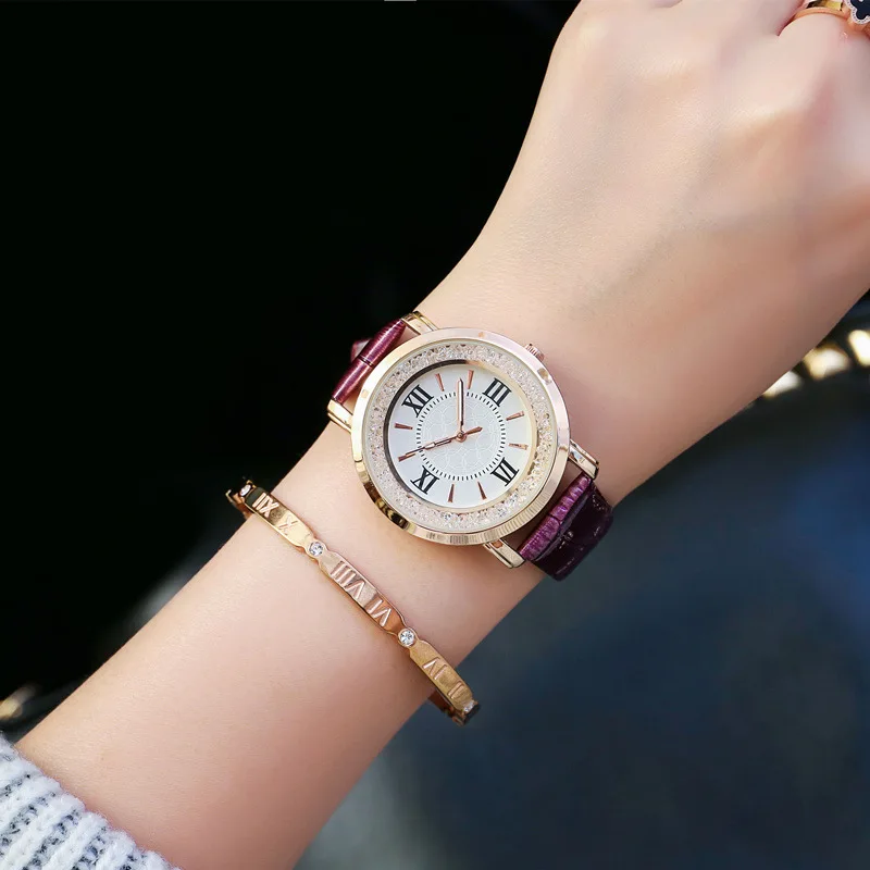 Новинка 2017 мода кварцевые Для женщин часы со стразами кожа повседневные платья