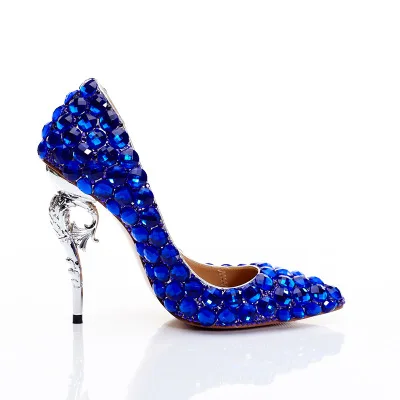 MStacchi Bling король Голубые Бриллианты Женские Вечерние туфли на высоких каблуках синие свадебные на высоком каблуке со стразами настоящая фотография пользовательские Вечерние каблуки - Цвет: Синий