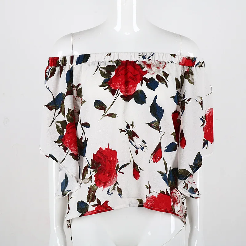 2017 летние женские повседневные Цветочные Топы с вырезом лодочкой свободные